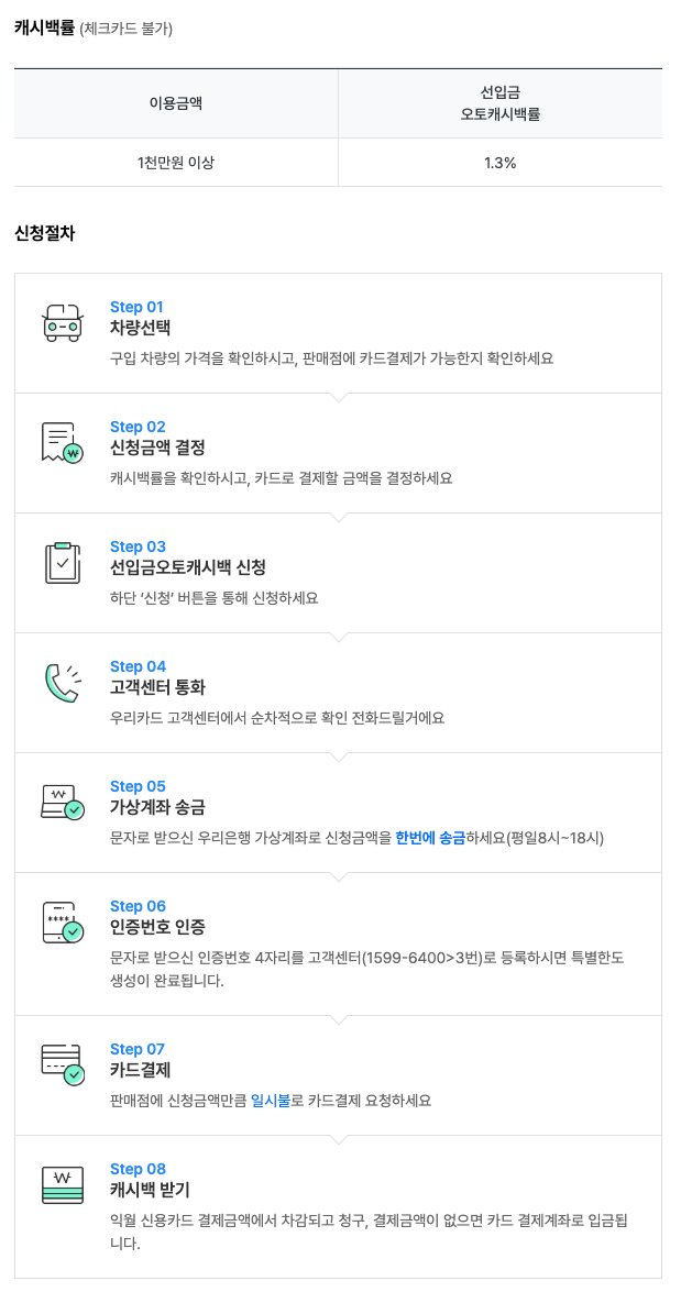 우리카드 선입금 오토캐시백 신청 절차 이미지